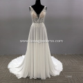 Sexy Illusion V Neck Flower Pattern Sleeveless Bride Gown Backless Wedding Dress White